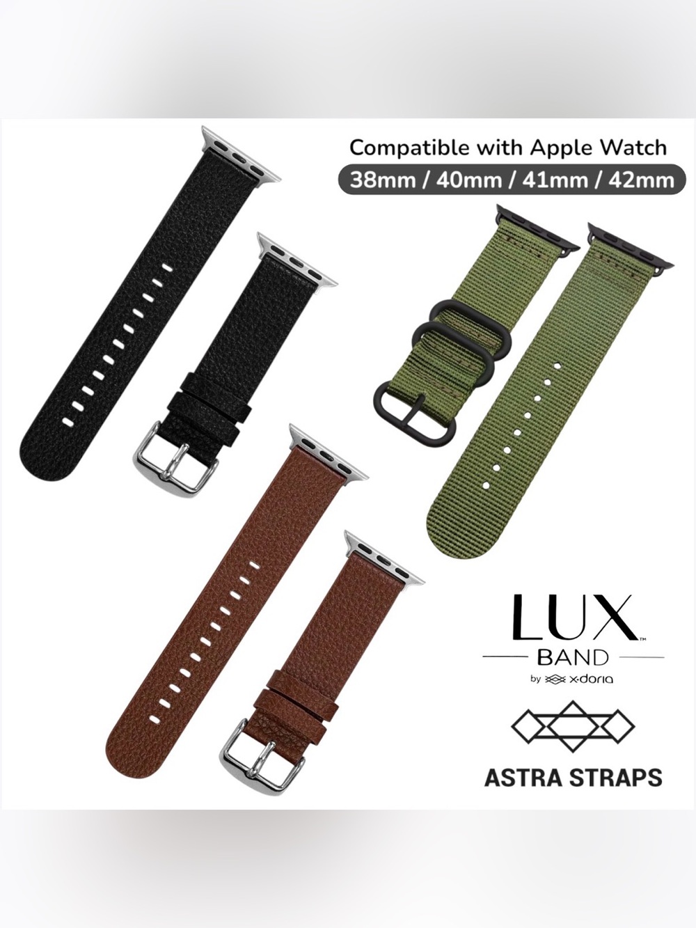 New Apple Watch Bands Lot of 3- Lux Band Leather & Astra Straps Nylon